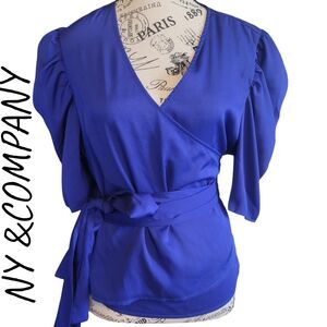 New York & Company Cobalt Blue Puff Sleeve Blouse